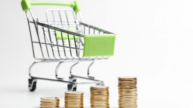 coins pile and shopping cart on a white background